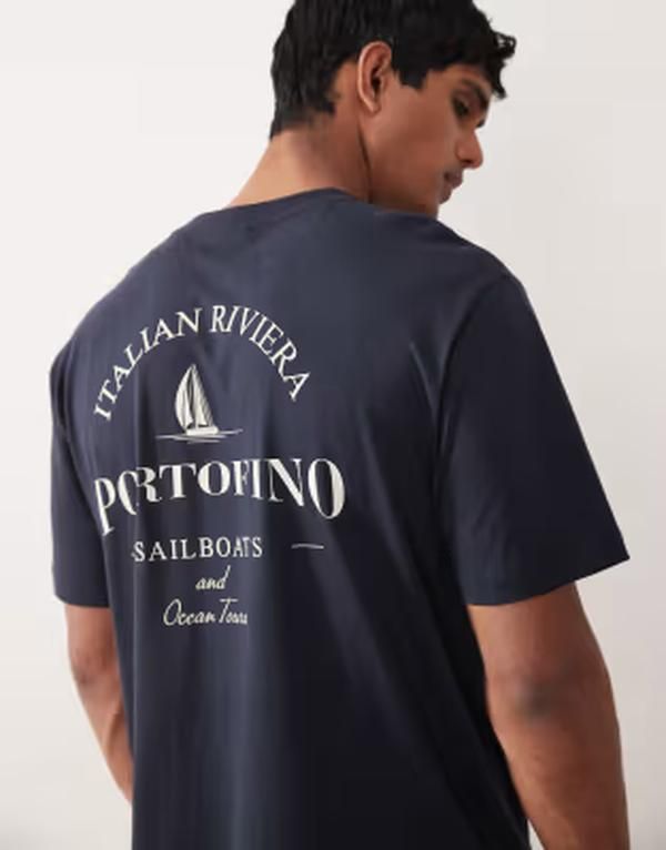 オンリーアンドサンズ メンズ トップス Tシャツ プリント ONLY SONS oversized Tshirt with Portofino back print Navy Blazer ネイビー