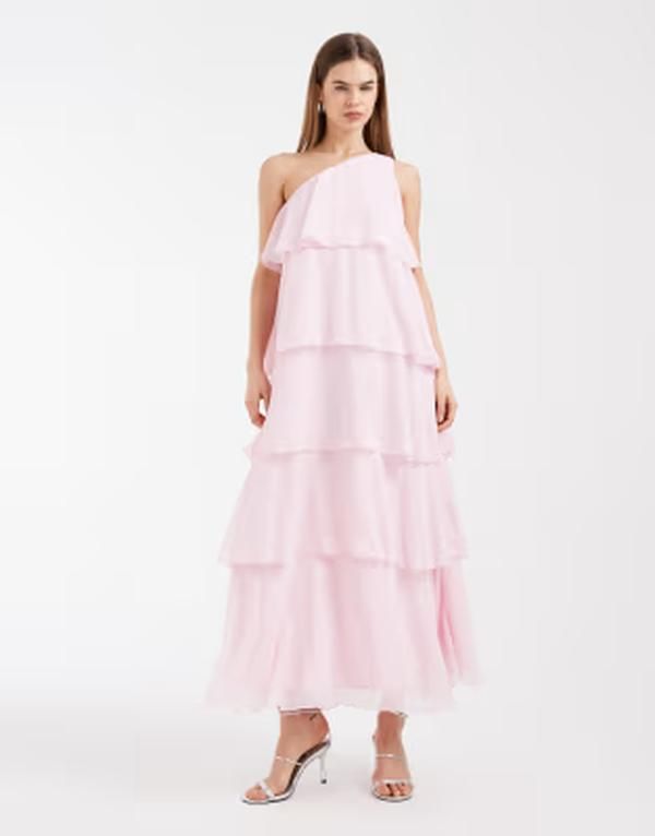 ヴェロモーダ レディース トップス ワンピース ティアード Vero Moda Felicia one shoulder tiered midaxi dress with corsage detail in light Cherry Blossom ピンク