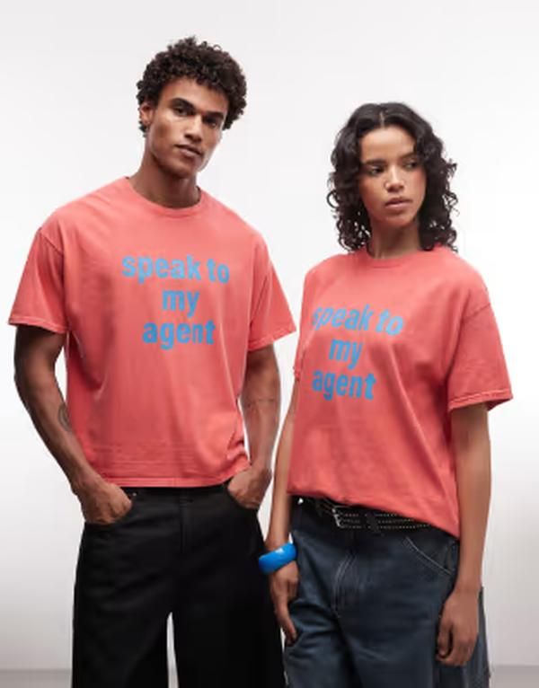 リクレイム ヴィンテージ レディース トップス Tシャツ プリント Reclaimed Vintage unisex boxy tee with speak to my agent print RED レッド