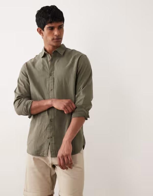 ジャック アンド ジョーンズ メンズ トップス シャツ リネン Jack Jones linen blend long sleeve shirt in dark Dusty olive オリーブ
