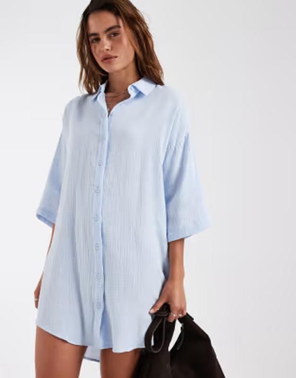 ヴェロモーダ レディース トップス ワンピース シャツ Vero Moda cheesecloth textured oversized shirt dress in light CM Blue ブルー