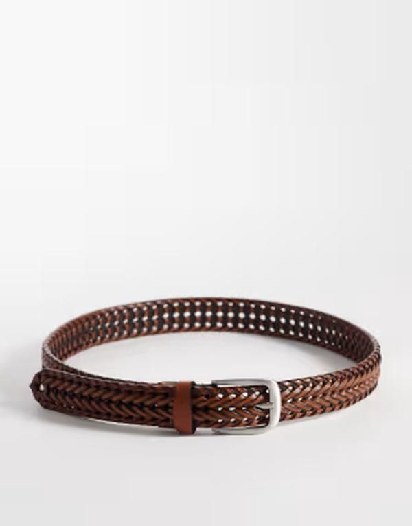 エイソス メンズ アクセサリー ベルト レザー ASOS DESIGN dressy woven leather belt in tan タン