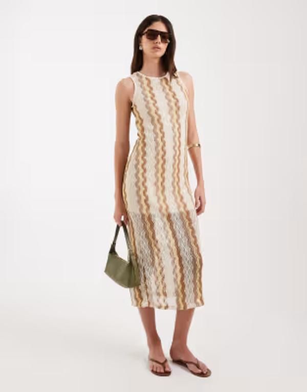 ヴェロモーダ レディース トップス ワンピース ミディ シアー ノースリーブ Vero Moda sheer lined crochet sleeveless midi dress ineutral stripe Birch Stripes ストライプ