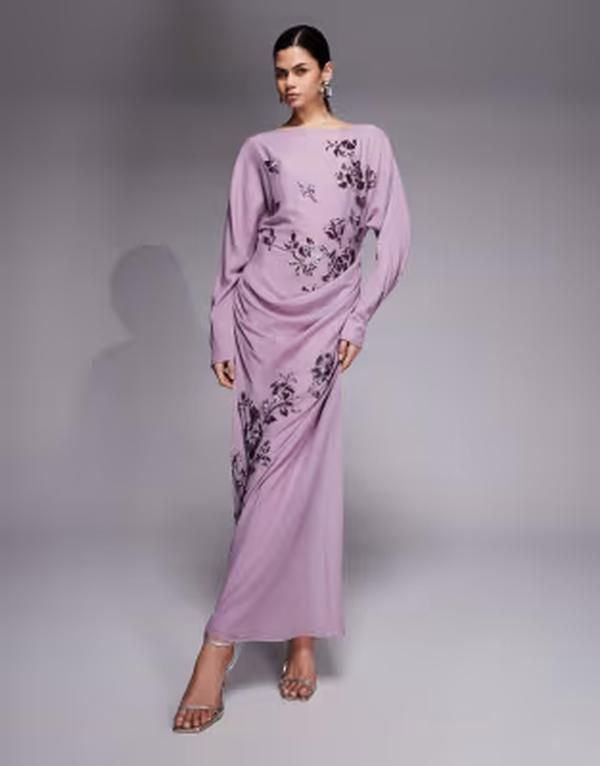 エイソス レディース トップス ワンピース フラワー柄 ドレープ マキシ フラワー ASOS DESIGN floral embellished long sleeve draped maxi dress in mauve