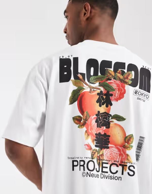 エイソス メンズ トップス Tシャツ グラフィック ASOS DESIGN boxy oversized Tshirt with peach graphic WHITE ホワイト