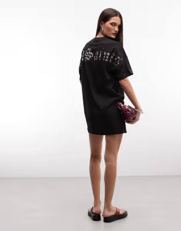 オールセインツ レディース トップス ワンピース プリント ミニ Tシャツ グラフィック AllSaints Fuse leopard print back graphic mini Tshirt dress Black ブラック