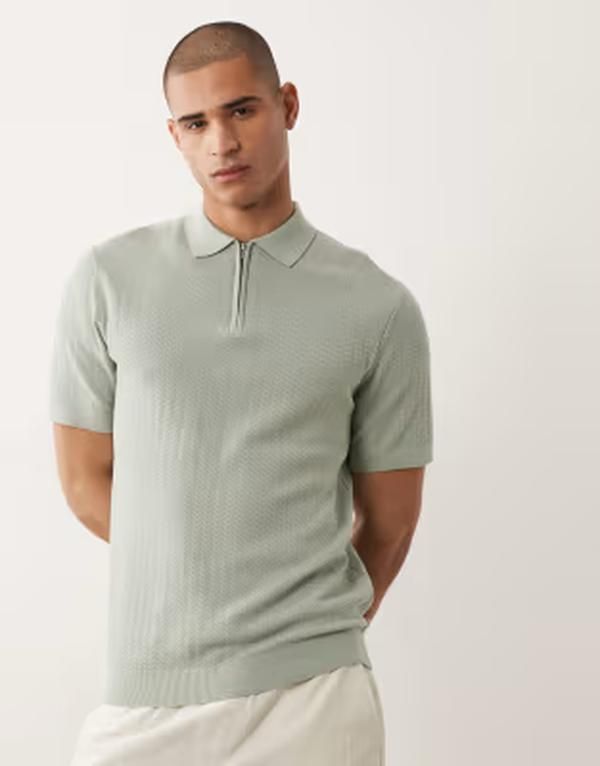 セレクティッド メンズ トップス ポロシャツ Selected zipolo shirt in sage Aqua gray グレー