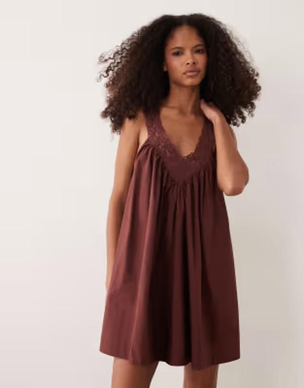 エイソス レディース トップス ワンピース Vネック ミニ オーバーレイ レース ASOS DESIGN vneck poplin mini smock sundress with lace overlay in warm chocolate Warm cho
