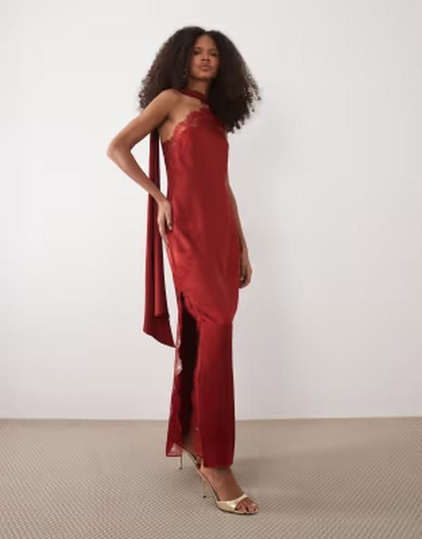 マンゴ レディース トップス ワンピース サテン キャップ レース マキシ Mango Capsule one shoulder satin maxi dress with lace detail RED レッド