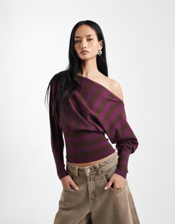 コットンオン レディース トップス Tシャツ ニット Cotton Everfine batwing knitop in blackberryoak stripe Blackberry Stripe ストライプ