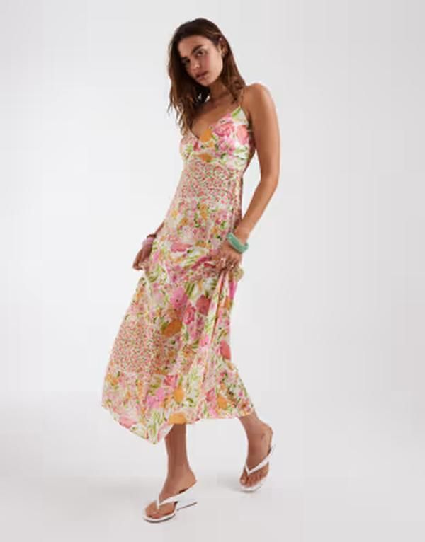 ヴェロモーダ レディース トップス ワンピース フラワー柄 プリント パッチワーク サテン マキシ フラワー Vero Moda satin cami maxi dress in floral patchwork print Birch