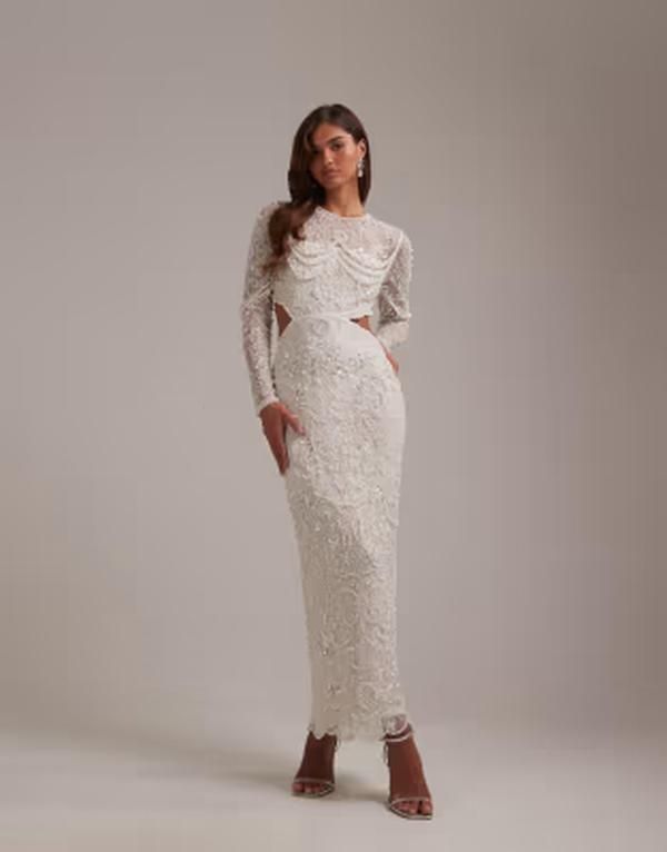エイソス レディース トップス ワンピース マキシ ASOS DESIGN Bridal ornate faux pearl embellished column wedding maxi dress with cutaway waist Ivory アイボリ