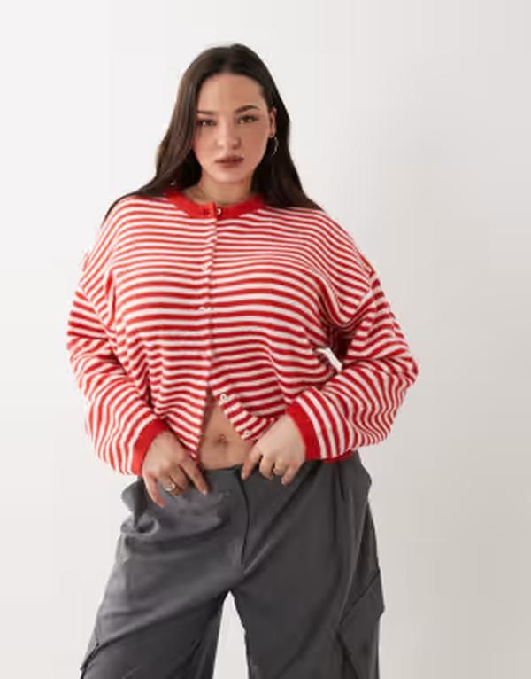 エイソス レディース アウター カーディガン ASOS Curve ASOS DESIGN Curve lightweight relaxed cardigand white stripes RED WHITE STRIPE ホワイト