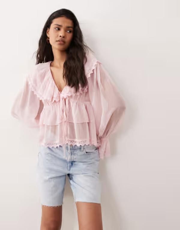 ミスセルフフリッジ レディース トップス シャツ シフォン フリル ブラウス Misselfridge chiffon ruffle tie front blouse in light PINK ピンク