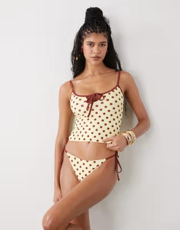 リクレイム ヴィンテージ レディース 水着 ボトムスのみ ドット柄 ドット プリント Reclaimed Vintage tie side bikini bottom in yellow and brown polka dot print Multi マルチカ