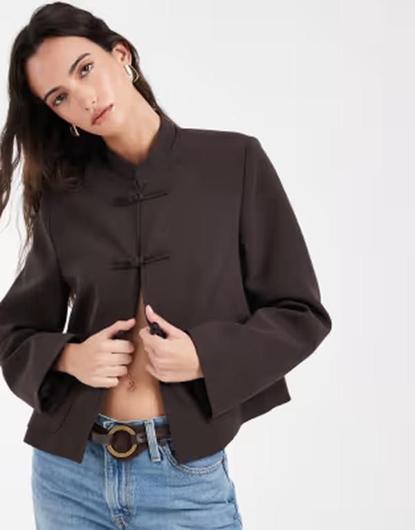 エイソス レディース アウター ジャケット・ブルゾン ブレザー ASOS DESIGN boxy throw on mandarin collar blazer brown ブラウン