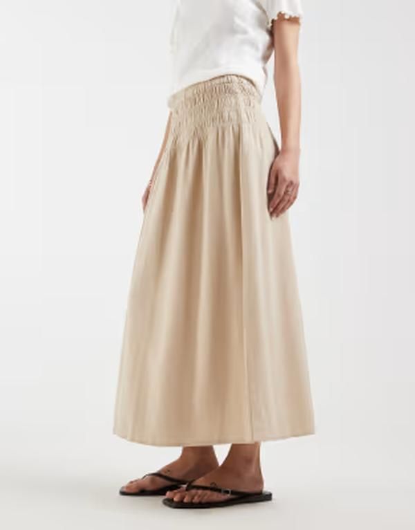 オンリー レディース ボトムスカート ギャザー リネン ONLY linen blend ruched waist midaxi skirt in stone ストーン
