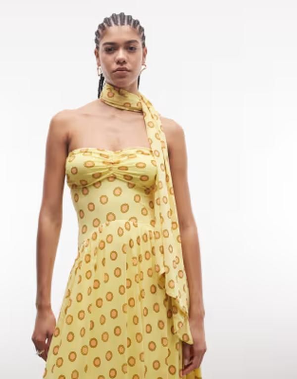 エーエフアールエム レディース トップス ワンピース ドット柄 ドット マキシ AFRM Rori detachable scarf detail sculpted waist maxi dress in yellow polka dot DECO DOTS