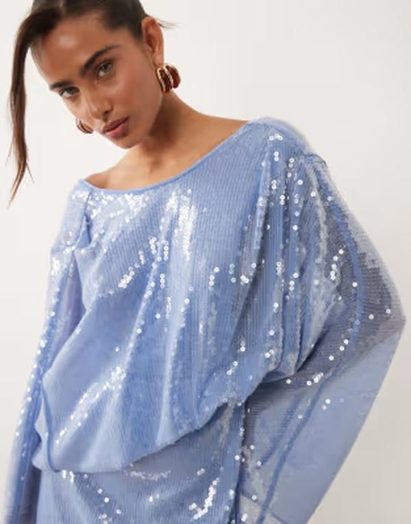エイソス レディース トップス ワンピース ドレープ ミニ スパンコール ASOS DESIGN glassequins batwing sleeve mini dress with draped front bodice Blue ブルー