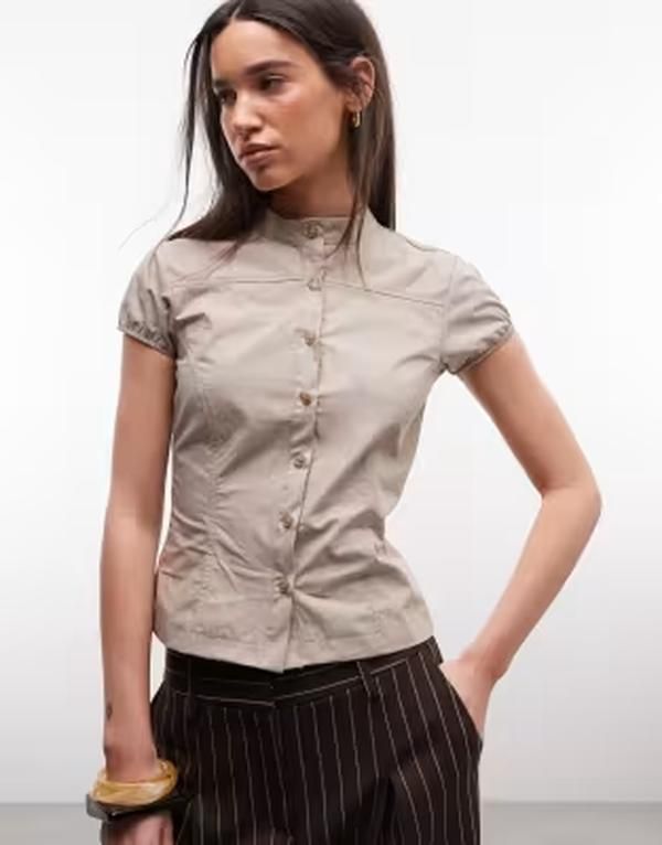 エイソス レディース トップス シャツ キャップ ASOS DESIGN cap sleeve utility shirt in stone ストーン