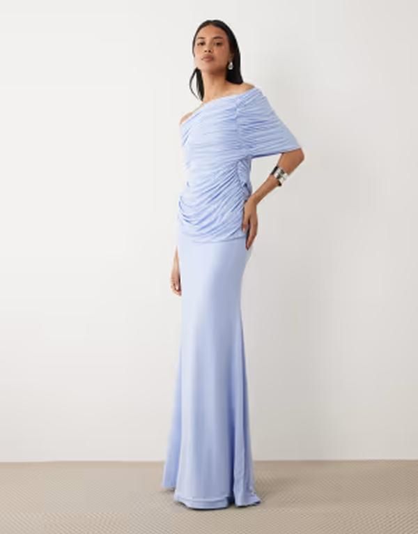 エイソス レディース トップス ワンピース マキシ ASOS DESIGN off shoulder wrap bodice detail maxi dress with train Blue ブルー