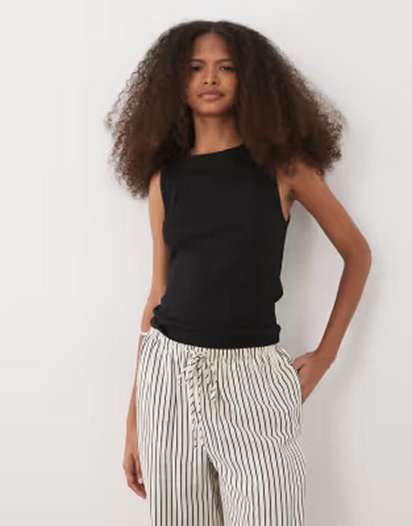 マンゴ レディース トップス ベスト リブ コットン Mango cotton rich ribbed racer tank top Black ブラック