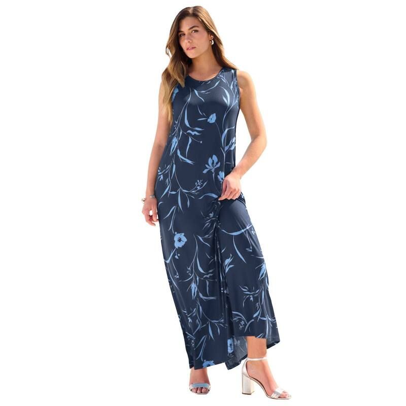 ロアマンズ レディース トップス ワンピース プラスサイズ ノースリーブ マキシ Roamans Womens Plusize Ultrasmooth Fabric Sleeveless Maxi Dress Navy Blue Floral ネイビー