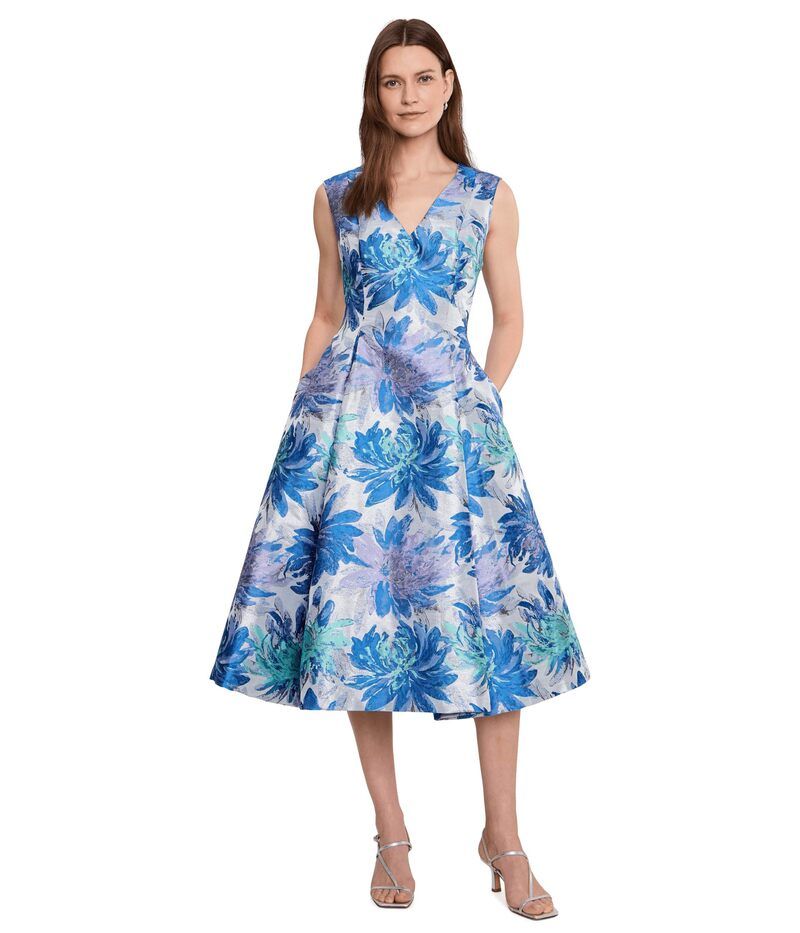 アドリアナ パペル レディース トップス ワンピース ミディ トール Adrianna Papell Metallic Jacquard Midi Dress Blue Multi 1 ブルー