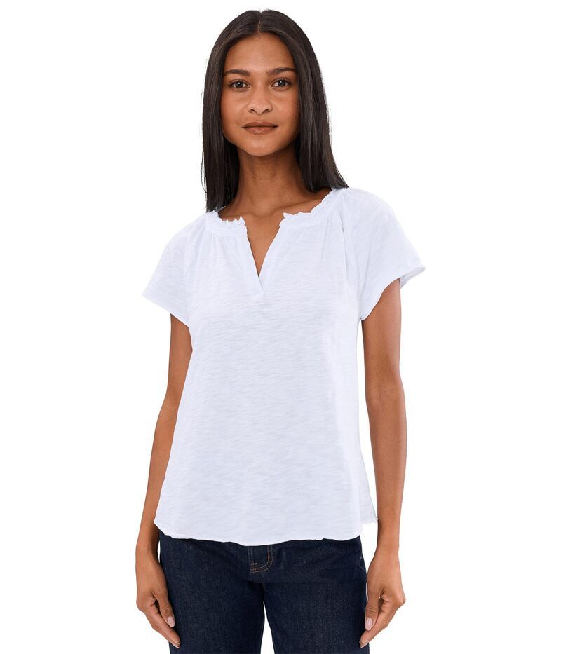 モッドドック レディース トップス シャツ フリル Mododoc Short Sleeve Ruffle Henley Swing Top White ホワイト