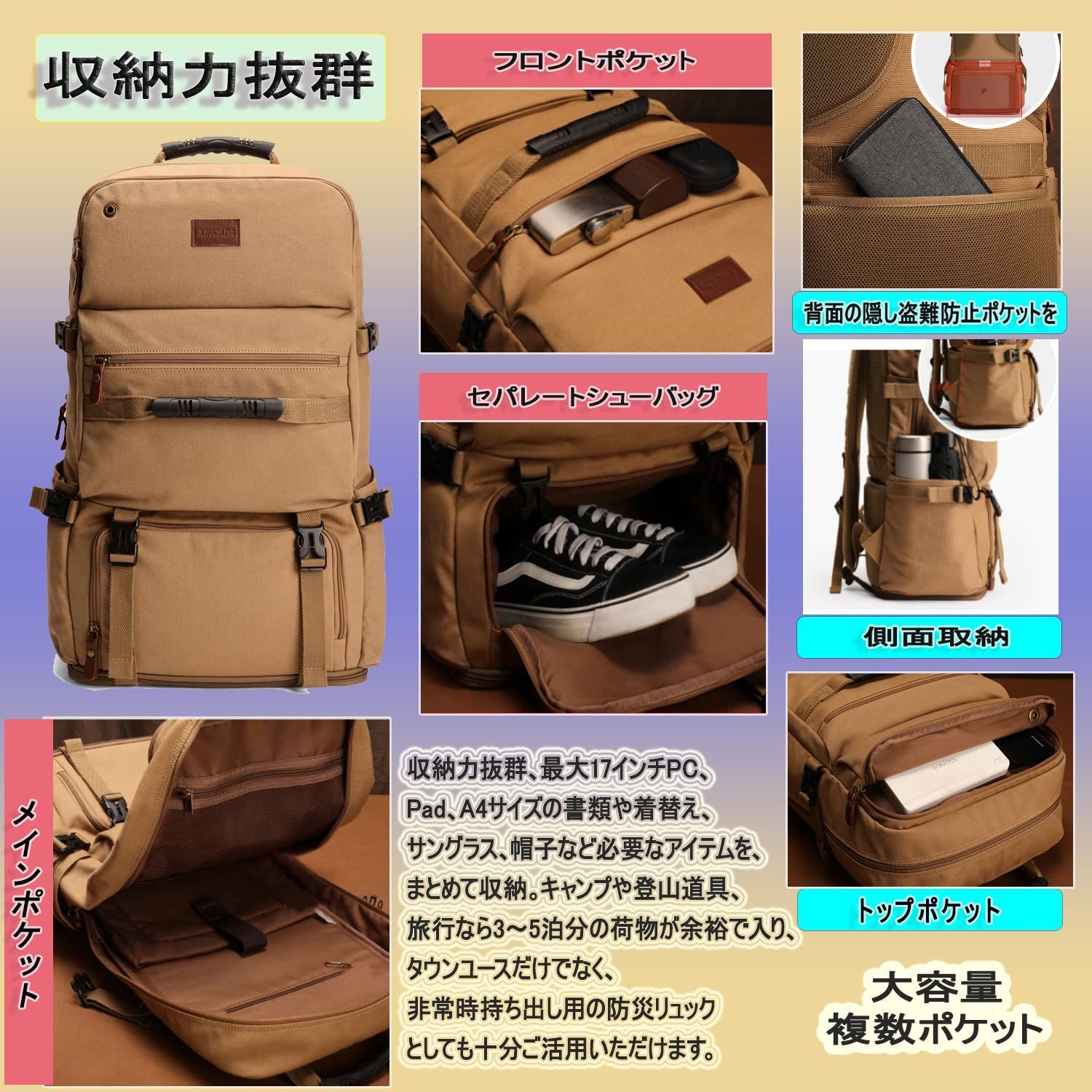 【数量限定】[shrradoo] 登山リュック 75L 大容量 リュックサック バックパック 軽量 防水 ハイキング キャンプ アウトドアバッグ 防災 旅行