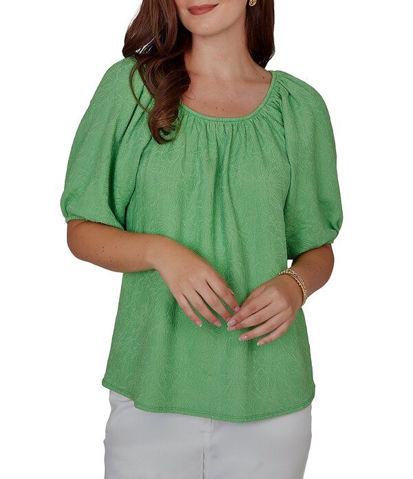 ルビーアールディー レディース トップス シャツ フラワー柄 プチ フラワー Ruby Rd Petite Size Textured Jacquard Floral Scoop Neck Elbow Sleeve Top Springreen グリーン