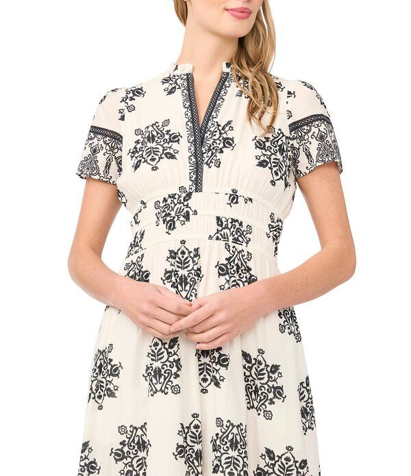 セセ レディース トップス ワンピース Vネック A ライン フラワー柄 プリント マキシ フラワー CeCe Woven Floral Print VNeck Short Sleeve Maxi ALine Dress New Ivory アイボリー