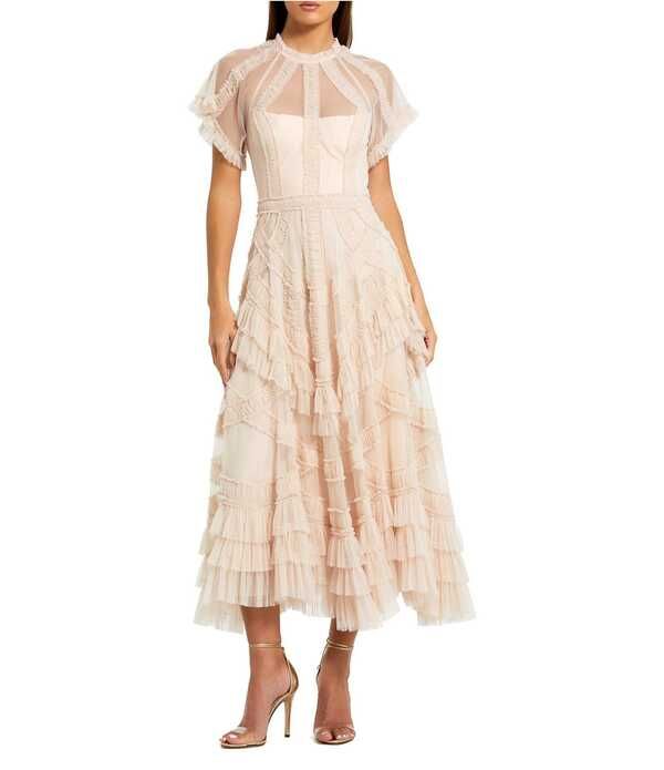 マックダガル レディース トップス ワンピース フリル メッシュ ミディ Mac Duggal Flutter Sleeve Mesh Midi Dress With Micro Ruffles Blush ブラッシュ