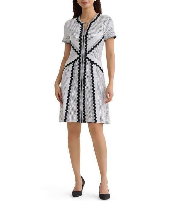 ミソック レディース トップス ワンピース A ライン モノクロ ニット MISOOK Monochrome Dotted Stitch Soft Knit Split Jewel Neck Short Sleeve ALine Dress WhiteBlac
