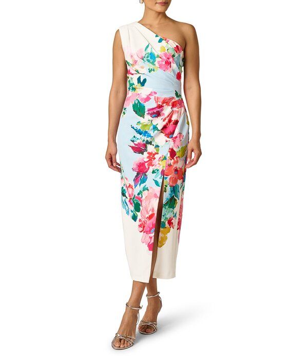 アドリアナ パペル レディース トップス ワンピース フラワー柄 プチ ミディ フラワー Adrianna Papell Petite Size One Shoulder Floral Border Midi Dress Blue Multi ブルー