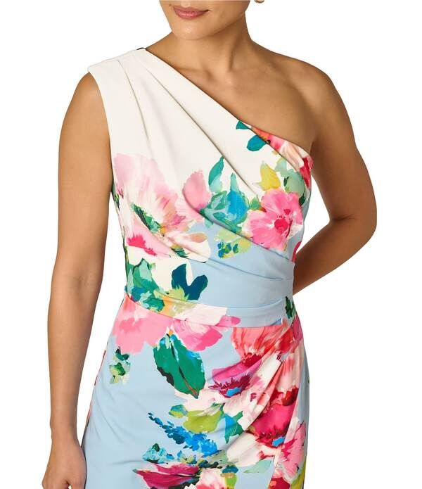 アドリアナ パペル レディース トップス ワンピース フラワー柄 プチ ミディ フラワー Adrianna Papell Petite Size One Shoulder Floral Border Midi Dress Blue Multi ブルー