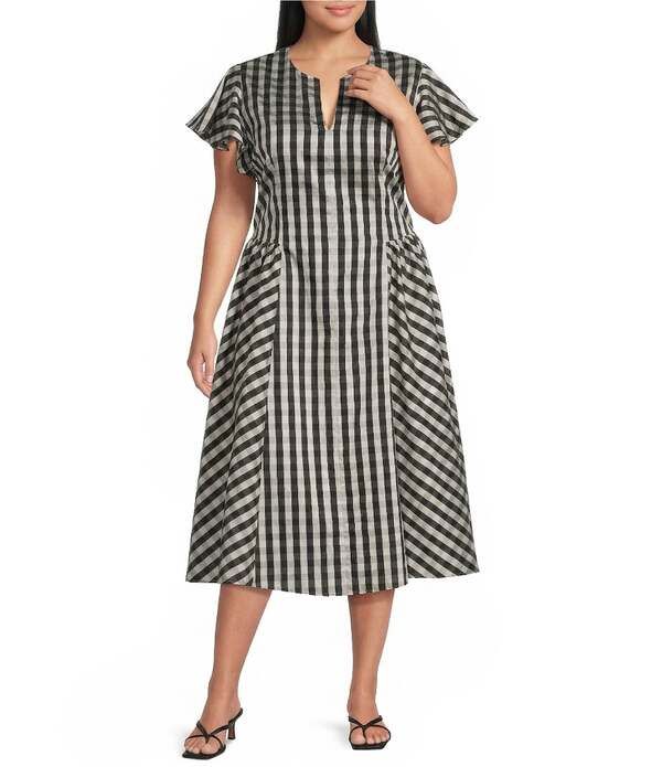 ルーシーパリ レディース トップス ワンピース Vネック A ライン ギンガムチェック プラスサイズ プリント ミディ ギンガム Lucy Paris Plusize Ginger Gingham Print Split VNeck Short Sleeve