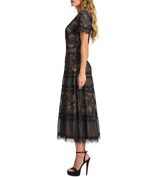 タダシショージ レディース トップス ワンピース Vネック ミディ 刺繍 レース Tadashi Shoji Short Sleeve V Neck Embroidered Lace Midi Dress BlackNude ブラック