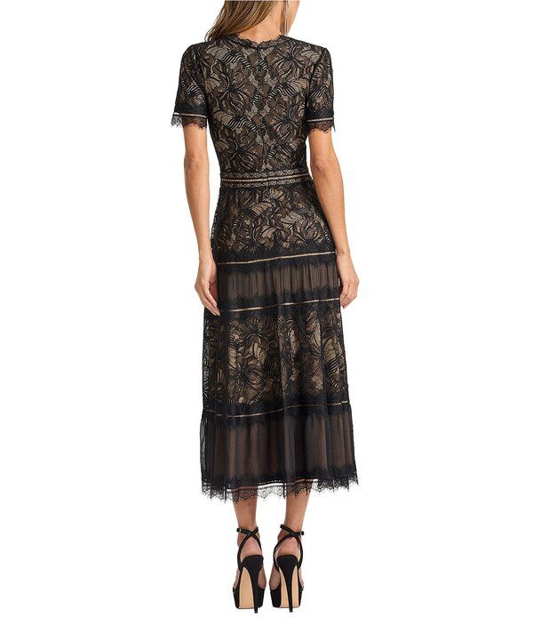 タダシショージ レディース トップス ワンピース Vネック ミディ 刺繍 レース Tadashi Shoji Short Sleeve V Neck Embroidered Lace Midi Dress BlackNude ブラック