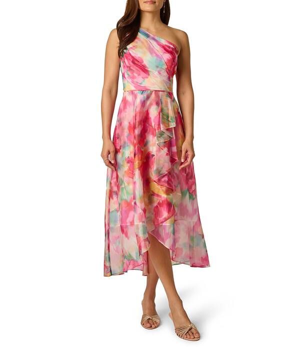 アドリアナ パペル レディース トップス ワンピース プチ プリント フリル ミディ Adrianna Papell Petite Size Printed Orgnaza One Shoulderuffle HighLow Midi Dress Ivory