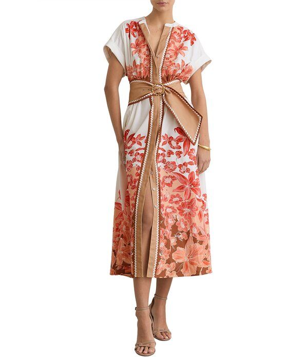 レイス レディース トップス ワンピース Vネック フラワー柄 プリント ミディ フラワー Reissawyer Floral Print VNeck Short Sleeve Belted Midi Dress PinkIvory アイボリー