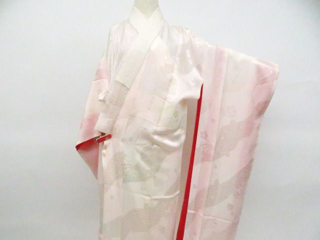 【一輝堂】長襦袢 振袖用 桜 鈴地紋 着物 正絹 身丈約122cm 裄丈約63cm 26z05-2407