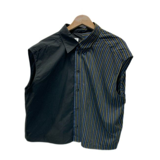 【中古】　MM6 Maison Margiela　ブラウス　ノースリーブ　フレンチスリーブ　トップス　シャツ　セパレート　切替　ストライプ　変形　イタリア製　インポート　モード　古着　/2495