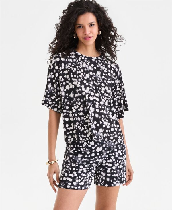 アイエヌシー インターナショナル コンセプト レディース トップス Tシャツ シルク ジャージー INC International Concepts Womensilky Jersey ElbowSleeve TShirt Oona Spots Blk