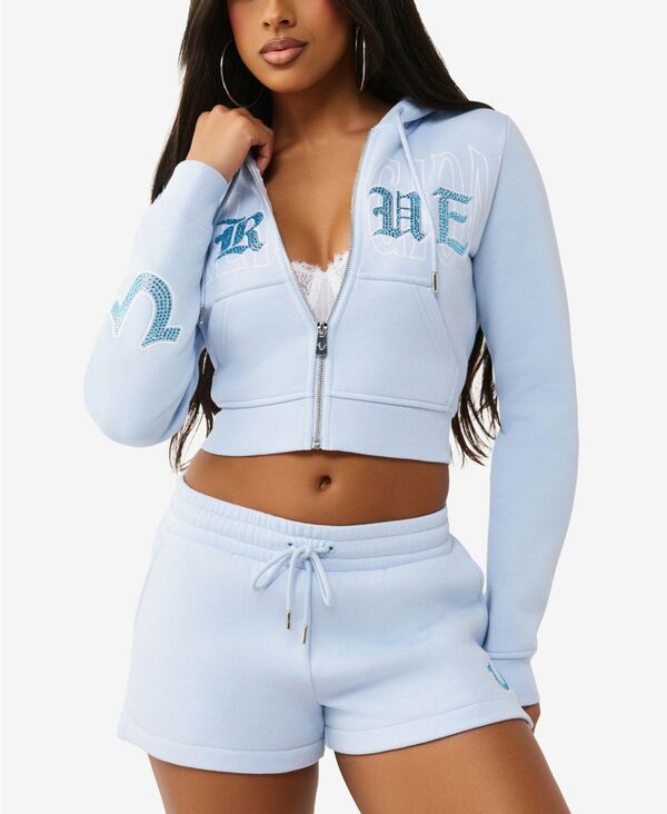 トゥルーレリジョン レディース トップス シャツ スウェット 刺繍 パーカー True Religion Womens Embroidered Shrunken Zip Hoodie Sweatshirt Cashmere Blue ブルー