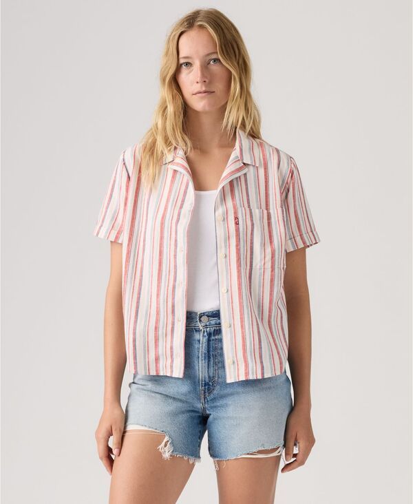 リーバイス レディース トップス シャツ 半袖 Levis Womens Bennie ShortSleeve Camp Shirt Rhonda Stripe Coral Blush ブラッシュ