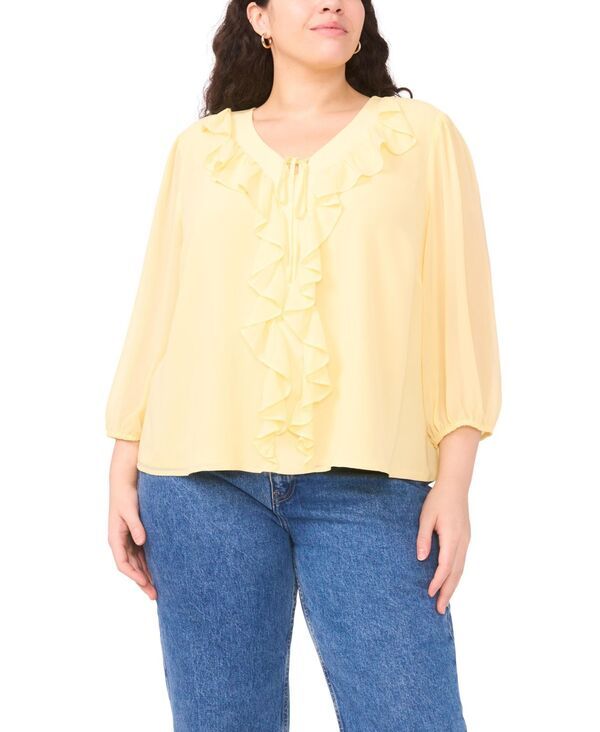 ヴィンスカムート レディース トップス シャツ Vネック フリル ブラウス Vince Camuto Womens Double Ruffle Tie VNeck Blouse Mellow Yellow イエロー