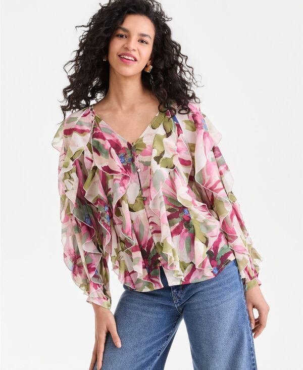 アイエヌシー インターナショナル コンセプト レディース トップス シャツ フリル ブラウス 長袖 INC International Concepts Womens LongSleeve Ruffled Blouse Farrah Bouq