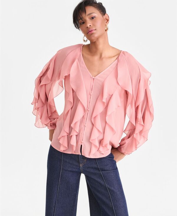 アイエヌシー インターナショナル コンセプト レディース トップス シャツ フリル ブラウス 長袖 INC International Concepts Womens LongSleeve Ruffled Blouse Desert Sand サンド