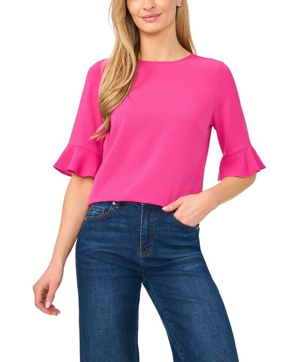 セセ レディース トップス シャツ クルーネック フリル CeCe Womens RuffledCuff 34Sleeve Crew Neck Top Magenta マゼンタ